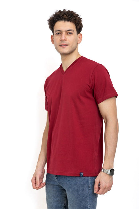 Brick Red V - neck T-Shirt - Khotwh